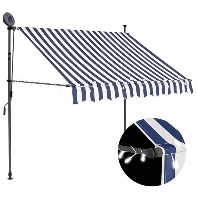 vidaXL - Luifel - handmatig - uitschuifbaar - met - LED - 150 - cm - blauw - en - wit