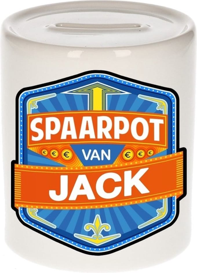 Bellatio Decorations Kinder spaarpot met naam - Jack - keramiek - met dop - wit - Sparen - Spaargeld van Jack
