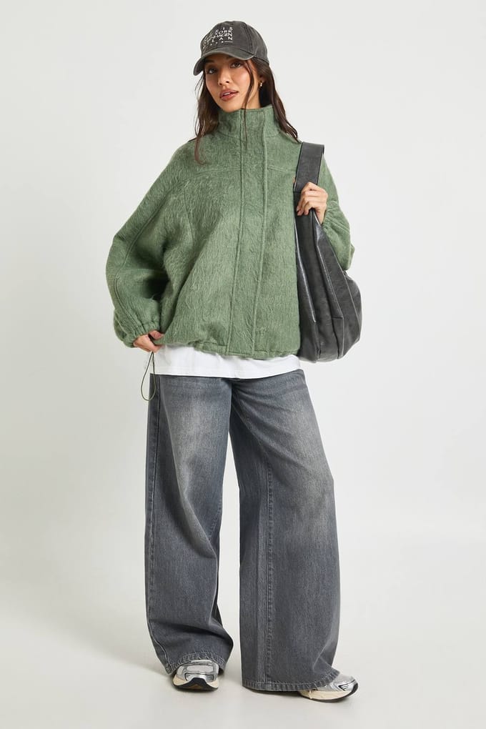 boohoo Dames Getextureerd Wollen Look Bomberjack | Groente | Maat: 42