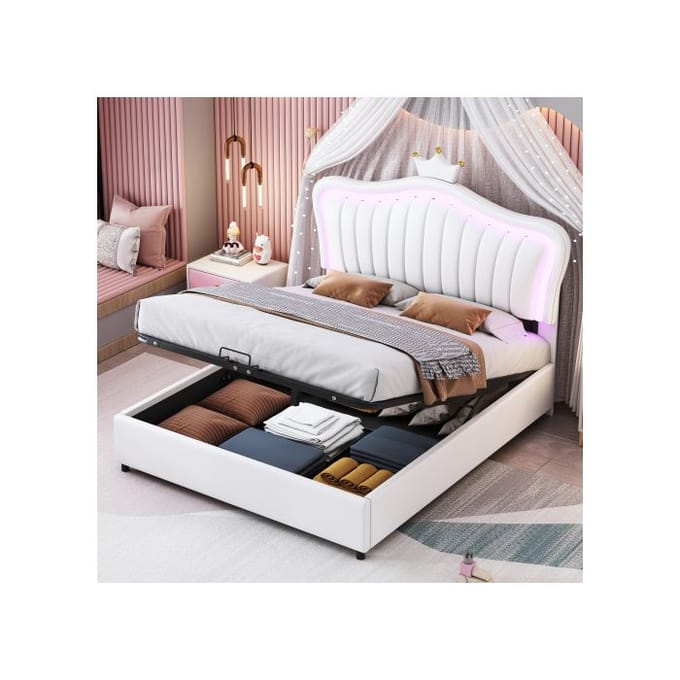 Lit d'enfant - MUVOE - 140 x 200 cm - Similicuir blanc - Rangement hydraulique - LED multicolore blanc