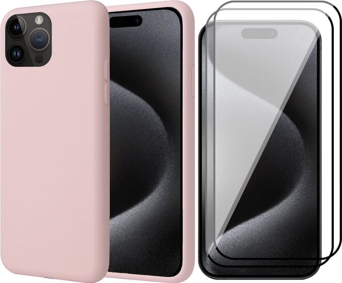 Hoesje geschikt voor iPhone 15 Pro - 2x Screen Protector FullGuard - Back Cover Case SoftTouch Roze & Screenprotector