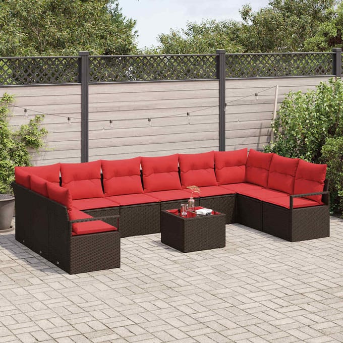 vidaXL - Tuinbank - Set - 11 - st - Bruin - en - Rood - poly - rattan