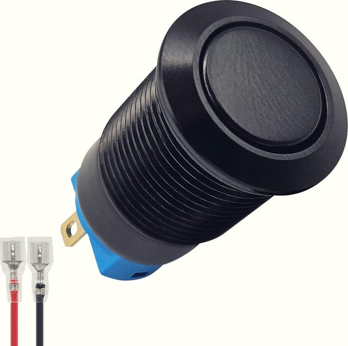 ProRide Metalen Mini Drukschakelaar 12V ON-OFF - 12mm - met Aansluitkabel - 12V/24V - Zwart - Plat
