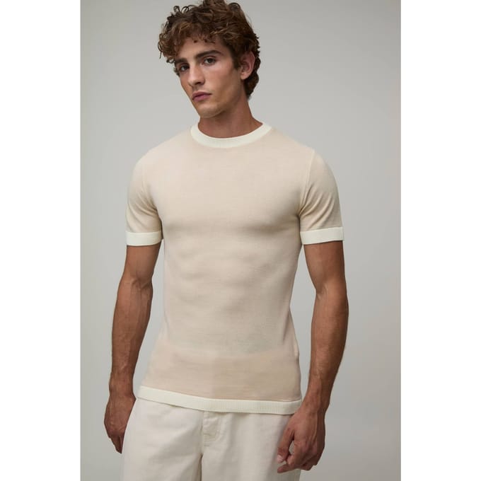 Muscle Fit Ringer Gebreid T-shirt | Ecru | Size Large