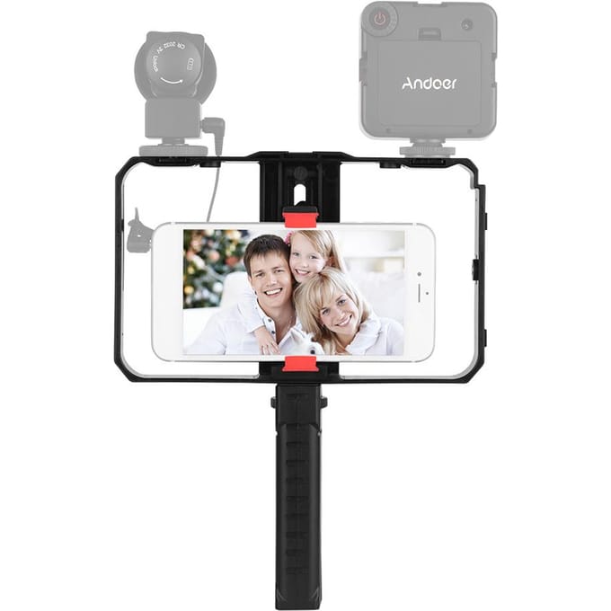 Draagbare Smartphone Video Rig Handheld Telefoon Stabilisator Grip Cage met Telefoonhouder 3 Koude Schoen With Handle gray