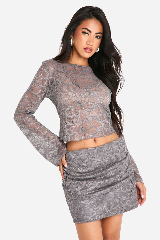 boohoo Dames Kanten mini-rok met geplooide zijkant | Grey | Maat: 14