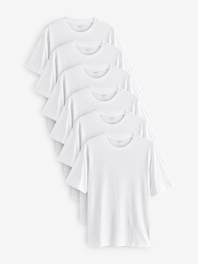 Next - Heren - Set van 6 basic T-shirts van katoen met standaard pasvorm - Wit