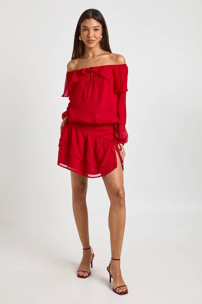 boohoo Dames Ruches Chiffon Bardot Blouse | Rood | Maat: 38