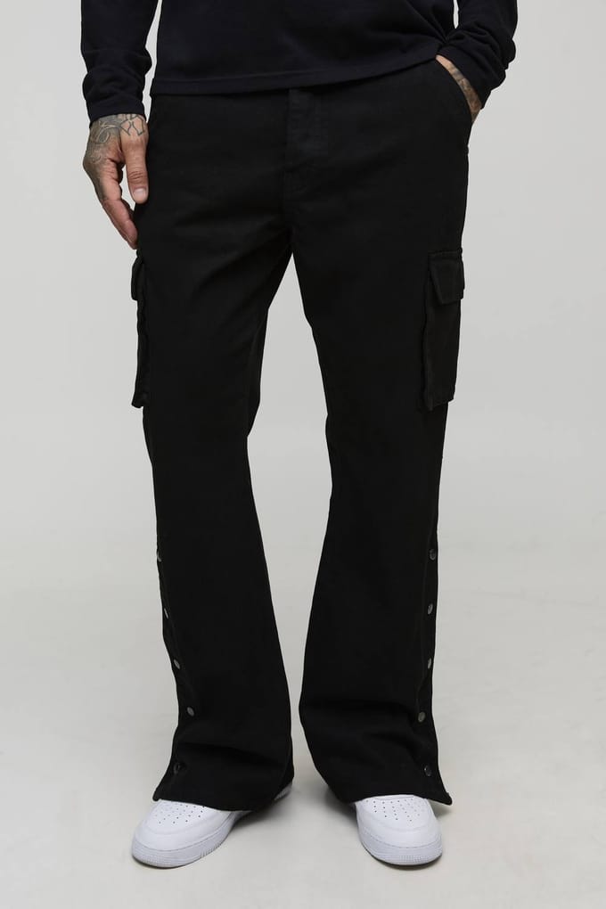 Lange Ontspannen Flare Overdye Popper-Zoom Cargobroek | Washed Black | Size 40