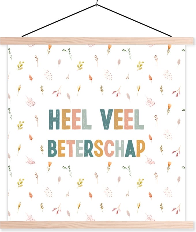 Posterhanger incl. Poster 60x60 cm - Schoolplaat - Beterschap - Quotes - Bloem - Pastel - Textielposter - Blanke latten