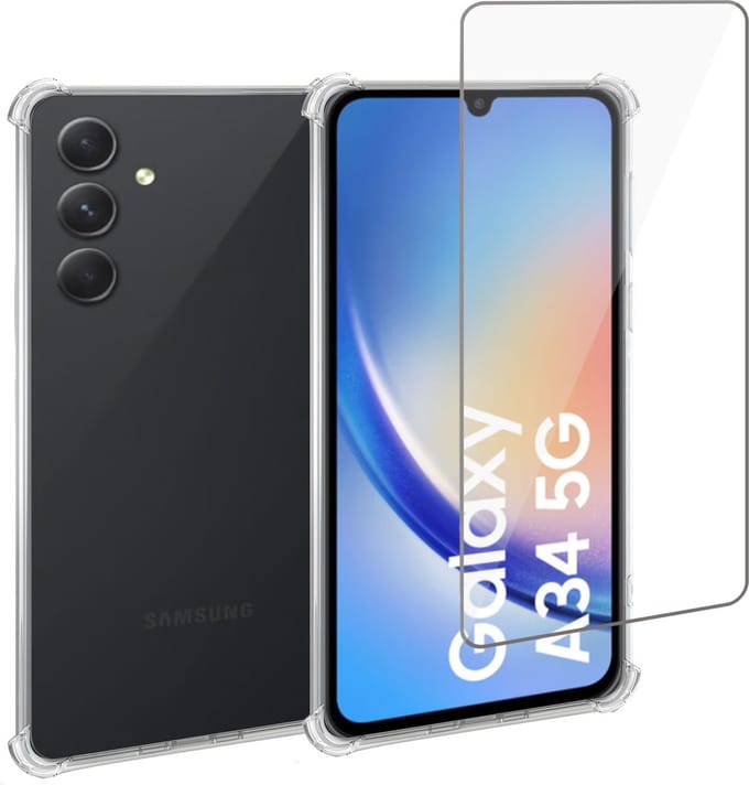 Geschikt voor Samsung A34 Hoesje + Screenprotector – Gehard Glas Cover + Shock Proof Case – Transparant