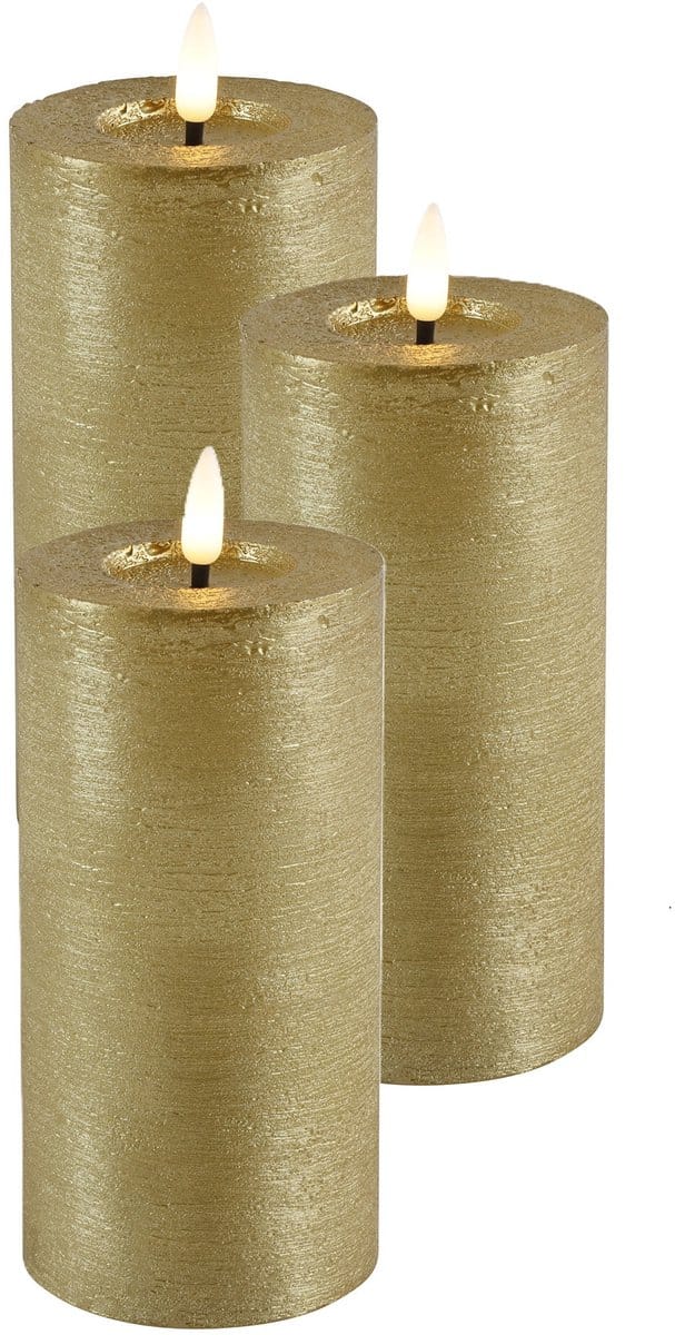 Countryfield Lyon LED kaars/stompkaars - 3x - goud - D7,5 x H15 cm - timer