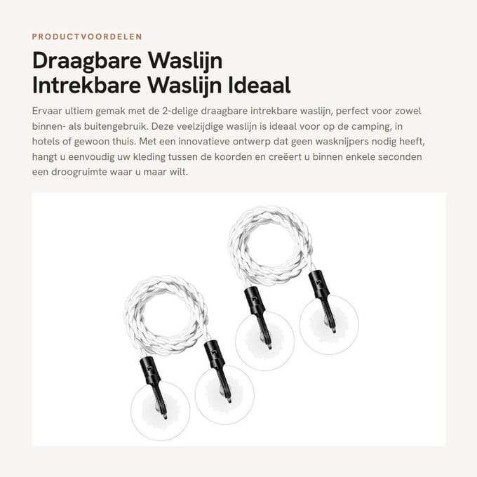 Dailygoods- Waslijn Intrekbaar - Draagbaar - Haken/Zuignappen