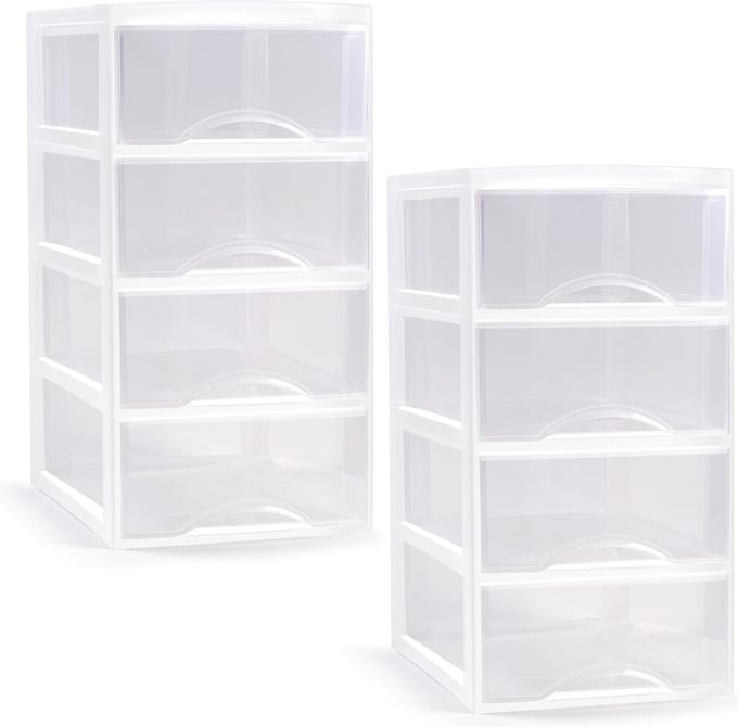 Plasticforte ladeblokje/bureau organizer - 2x - 4 lades - transparant/wit - L18 x B25 x H33 cm