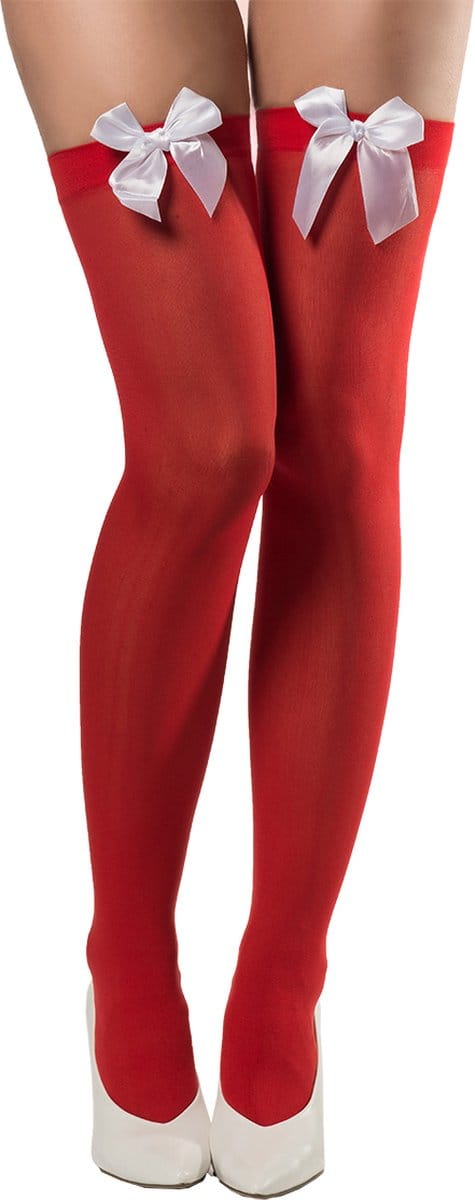 Partychimp Kousen Met Strik Dames Carnavalskleding Dames Carnaval Accessoires Oktoberfest Dames - Polyester - Rood/Wit - One-size