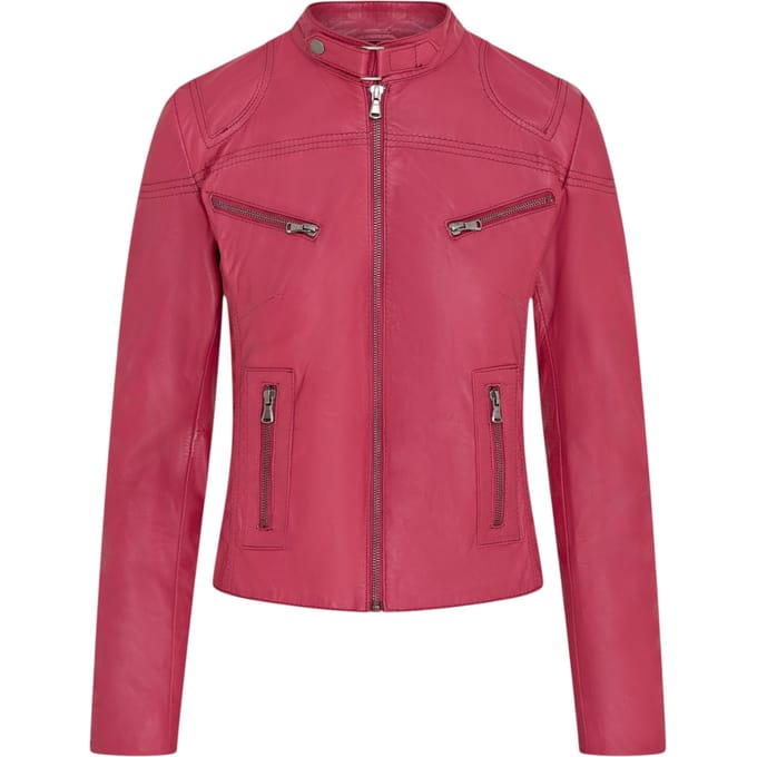 Roze slim-fit leren bikerjack voor dames - Maldon
