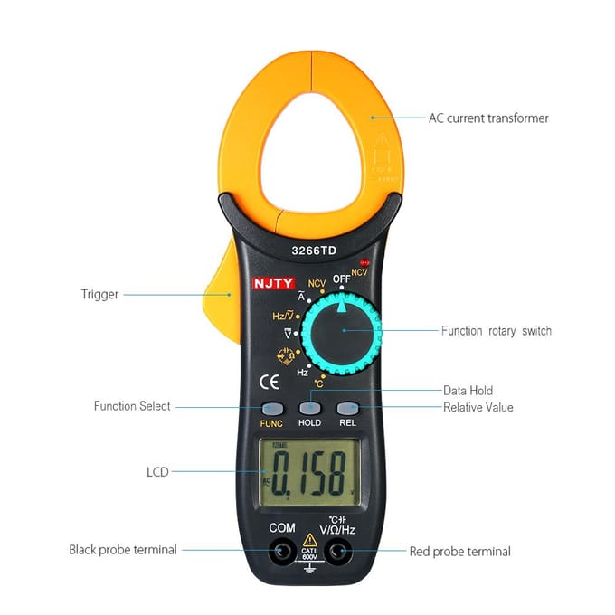 NJTY Digitale Stroomtang 4000 Telt Auto Range Multimeter met NCV Test AC/DC Spanning Wisselstroom