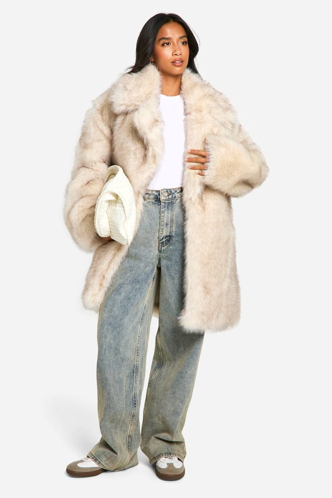 boohoo Dames Petite Longline Vintage Look Nepbontjas | Steen | Maat: 42
