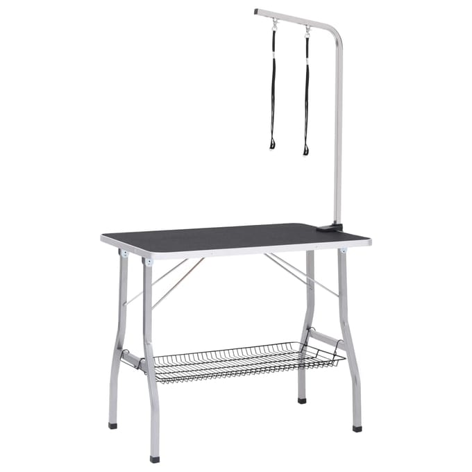 vidaXL - Hondentrimtafel - verstelbaar - met - 2 - lussen - en - opbergschap