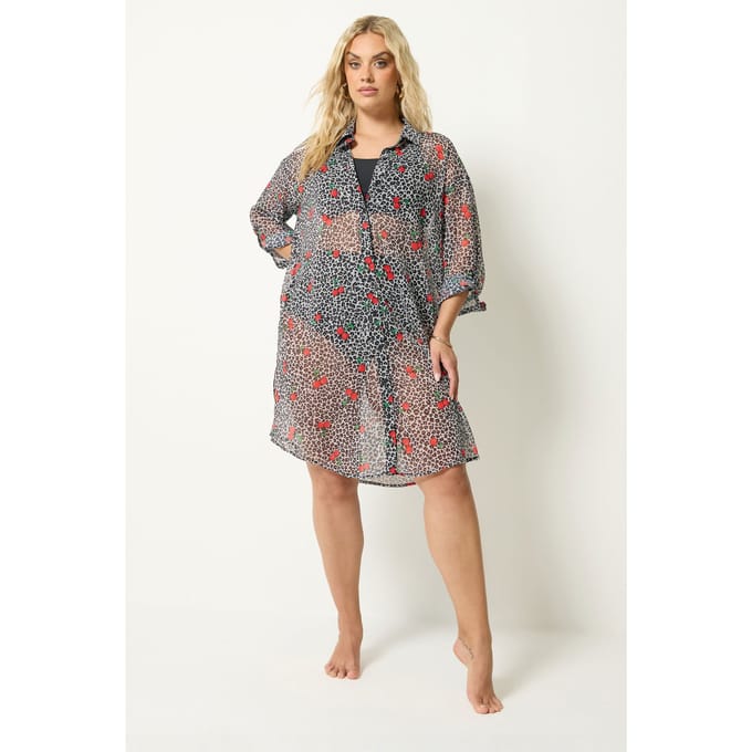 Yours Zwarte Coverup Top Met Luipaardprint En Kersen Size 42-44