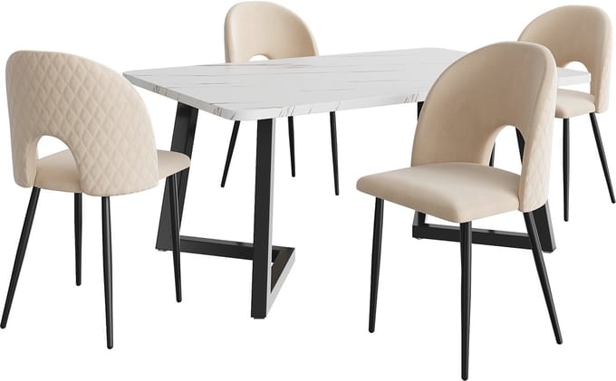 MODFU - Eethoekset - Eettafel Met 4 Stoelen - Verstelbare Stoelpoten - Modern - Voor Eetkamer - MDF En Fluweel - Beige - 117 x 68 x 75 cm