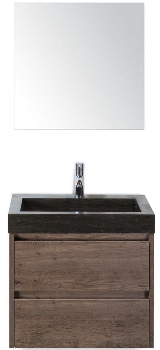 Dante Badmeubelset 60 cm - Tabacco - Wastafel Hardsteen Wit Lucca met Spiegel