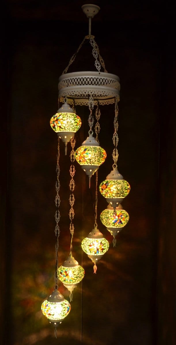 Hanglamp multicolour groen glas mozaïek Oosterse lamp kroonluchter  Crèmewit 7 bollen