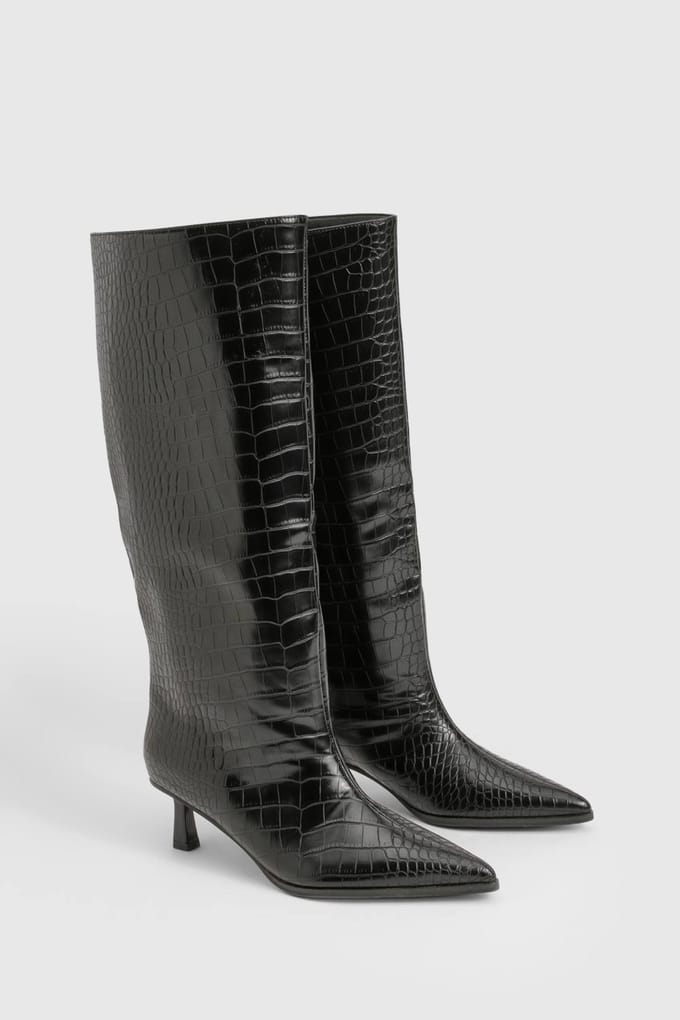 boohoo Dames Croco Lage Stiletto Column Laarzen | Black | Maat: 5