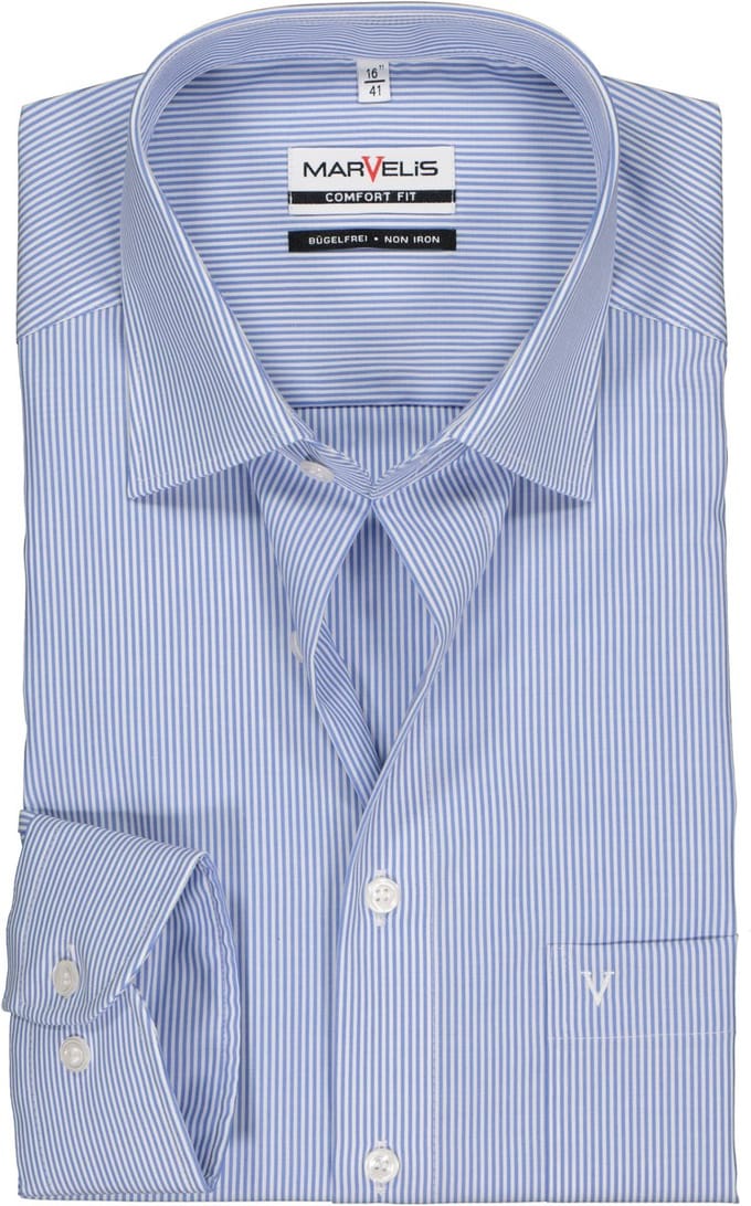 MARVELIS comfort fit overhemd - blauw met wit gestreept - Strijkvrij - Boordmaat: 41