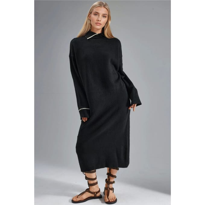 Polo Kraag Geribd Midi Brei Jurk