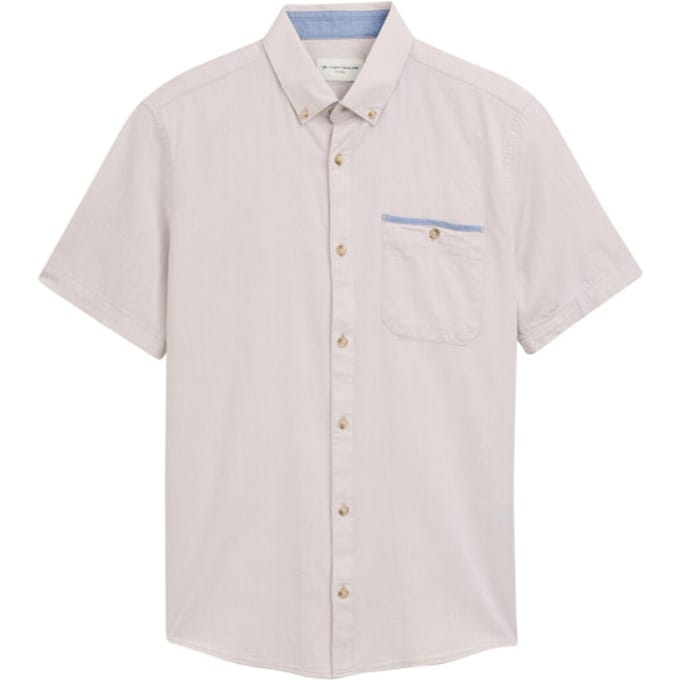 Tom Tailor - Korte Mouw Overhemd - Heren - M - Beige - Katoen - 1046086