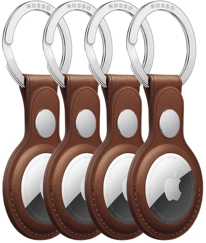 4-Pack Rosso Deluxe Sleutelhanger Echt Leer Hoesje Geschikt voor Apple AirTag | Hanger | Case Bruin