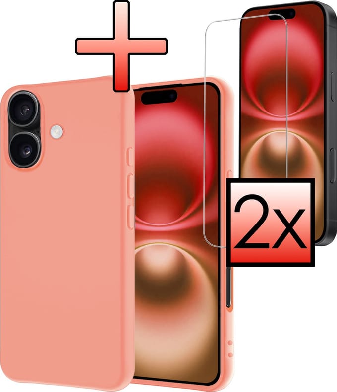 Hoesje - Met 2x Screenprotector - Geschikt voor Apple iPhone 16 Plus - Sterk & Shockproof - Back Cover - Siliconen Case - Telefoon Hoes - Perzik