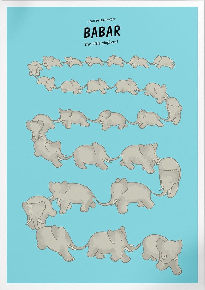 Babar's March Of The Elephants (Blue) (Babar de Olifant) | Poster | A3: 30 x 40 cm