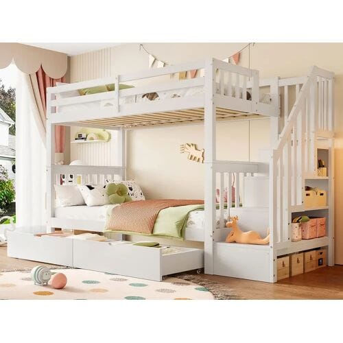 ModernLuxe Stapelbed 90x200cm in grenenhout - met 2 lades en opbergtrap - Wit