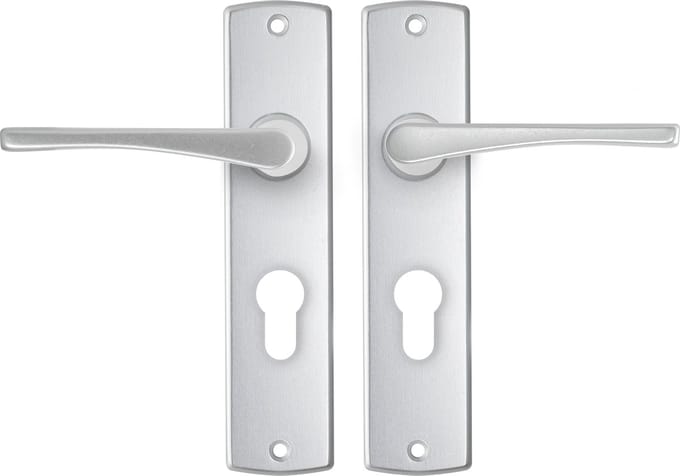 AXA Binnendeurbeslag set (Curve) Aluminium: Kruk (model Vlinder) op schild met cilindergat PC55