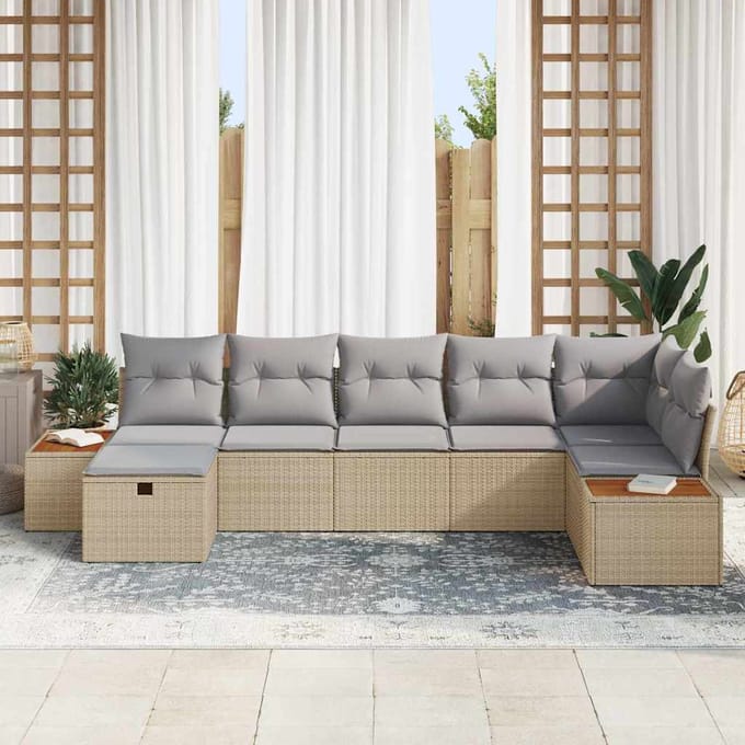vidaXL - Tuinbank - Set - met - kussen - 7 - pcs - Beige - Poly - rattan