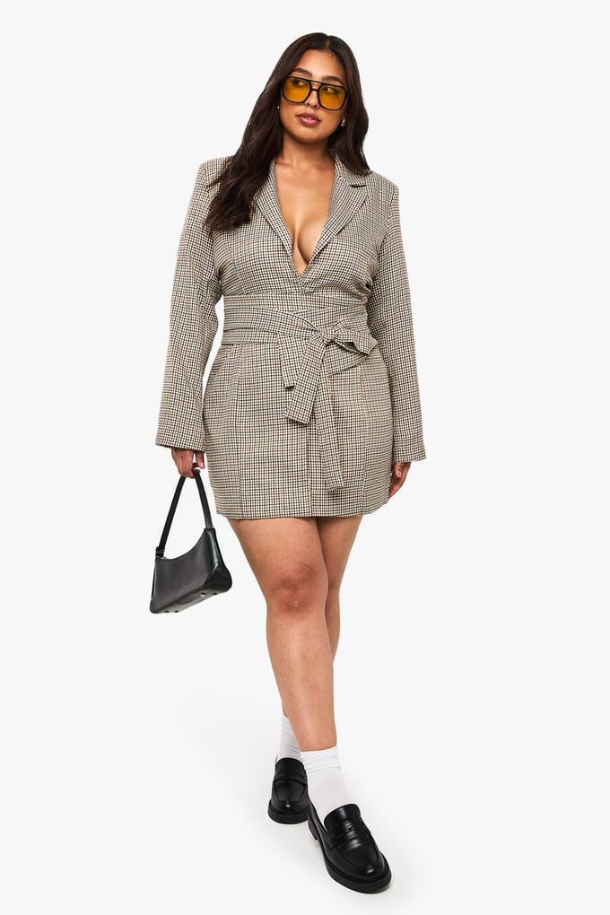 boohoo Dames Plus Obi Check Blazer Jurk | Steen | Maat: 54
