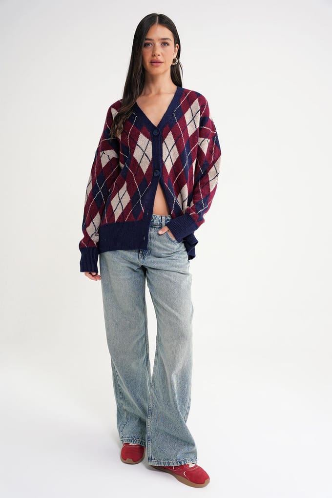 Oversized Argyle V-hals Geknoopte Cardigan