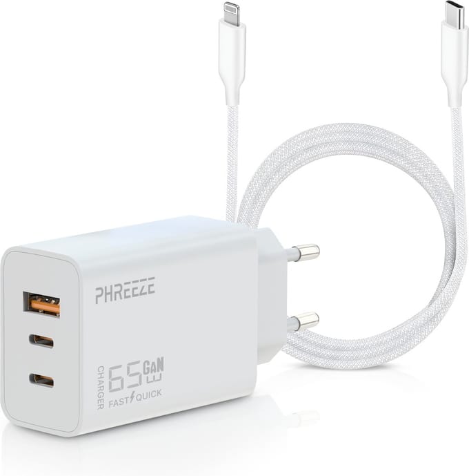 Oplader geschikt voor iPhone / iPad / MacBook - 65 watt oplader usb C - USB adapter 3 poorten - Oplaadstekker geschikt voor iPhone & iPad + Lightning naar USB C kabel 3 meter