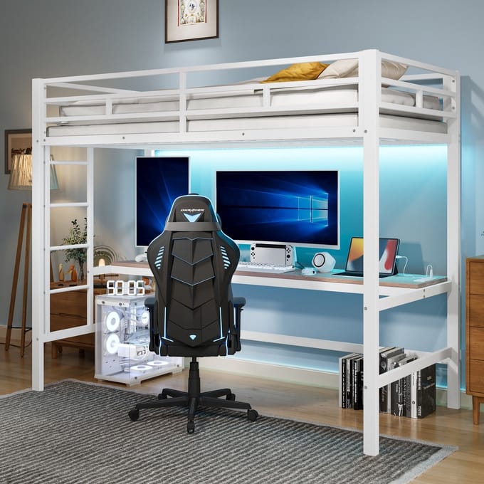Sweiko Hoogslaper - 90*200 cm - Tafel met USB+aansluiting - LED-verlichting - Zonder Stoel en matras - Metaal - Wit