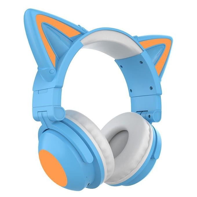 Oreille de chat pliable montée sur la tête, casque de jeu lumineux à LED, basses lourdes, écouteurs Bluetooth 5.0, véritable casque sans fil avec Microphone bleu