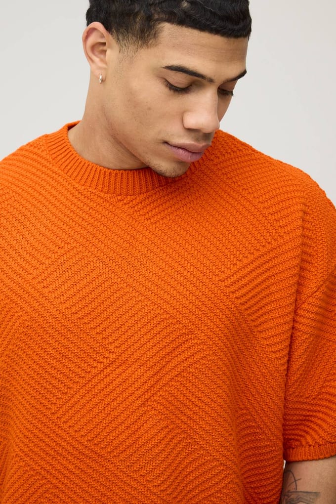 Oversized Geometric Textured Stitch Knitted T-Shirt | Orange | Size Small
