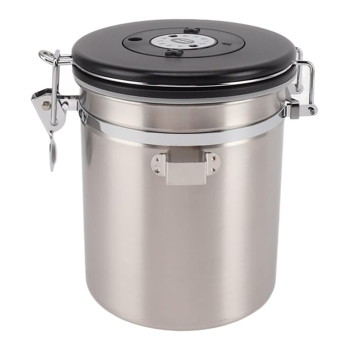 Boîte à café 1,5L Récipient à café avec cuillère Doseur Suivi de la date Acier inoxydable Polyvalent Hermétique Silver gray