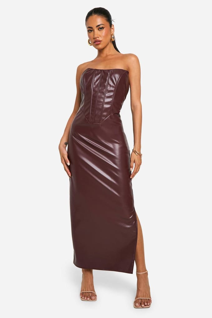 boohoo Dames Kunstleren Korset Midaxi-jurk | Chocoladebruin | Maat: 36