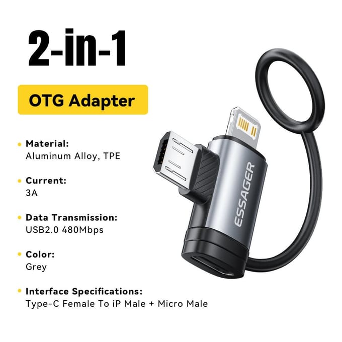 Essager 2-in-1 Lightning/Micro USB Adapter Snel Opladen USB Type C Vrouwelijke Connector voor iPhone 17 16 15 14 13pro iPad Converter grijs