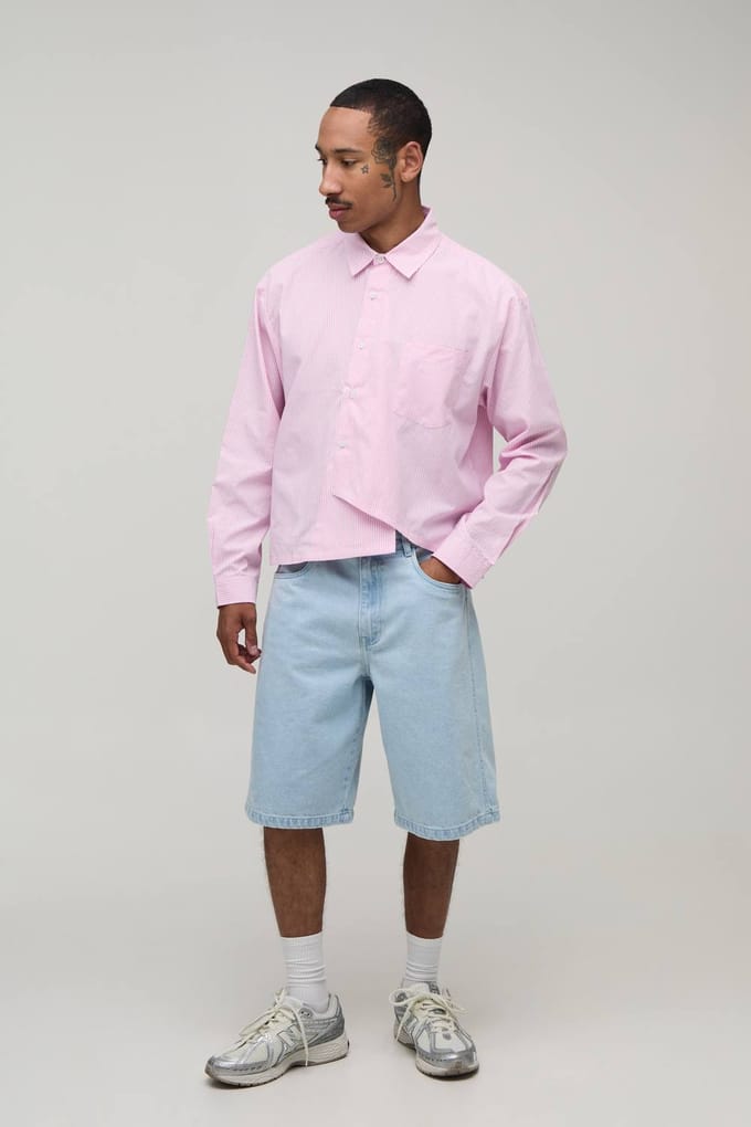 Oversized Boxy Shirt Met Asymmetrische Knoopsluiting En Streeppatroon | Pink | Size Medium