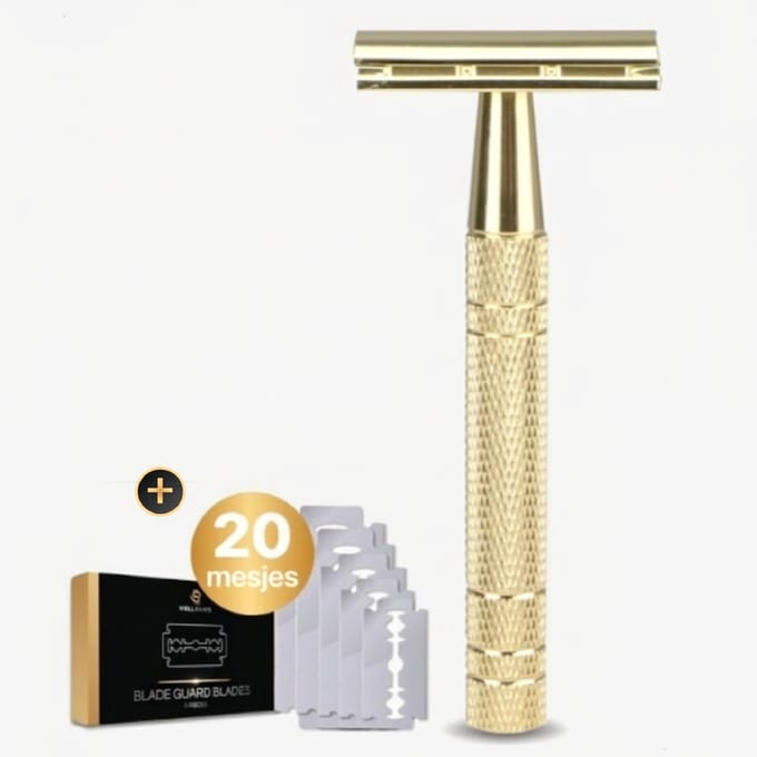 Wellshave Safety Razor Goud - RVS + 20 Scheermesjes - Vrouwen & Mannen - Scheermes - Veiligheidsscheermes - Double Edge - Single Blade