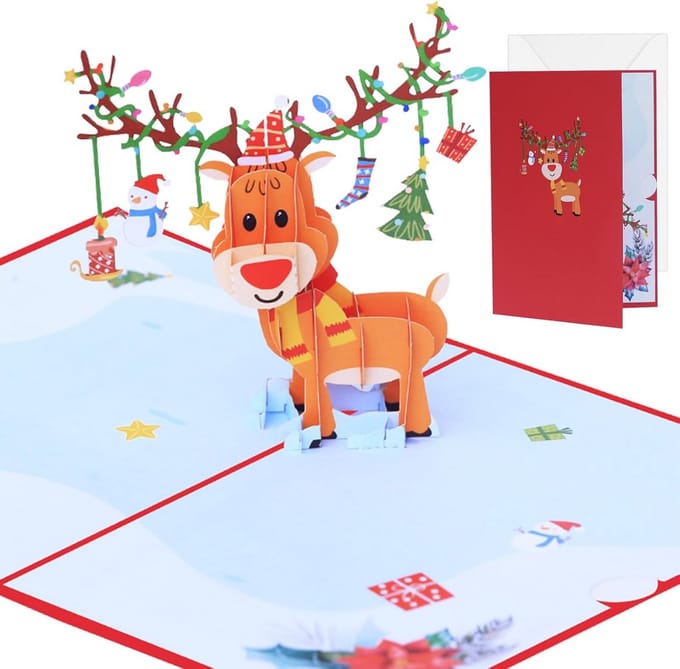 3D Pop-Up Kerstkaart met Envelop en Notitiekaart in Kerstthema
