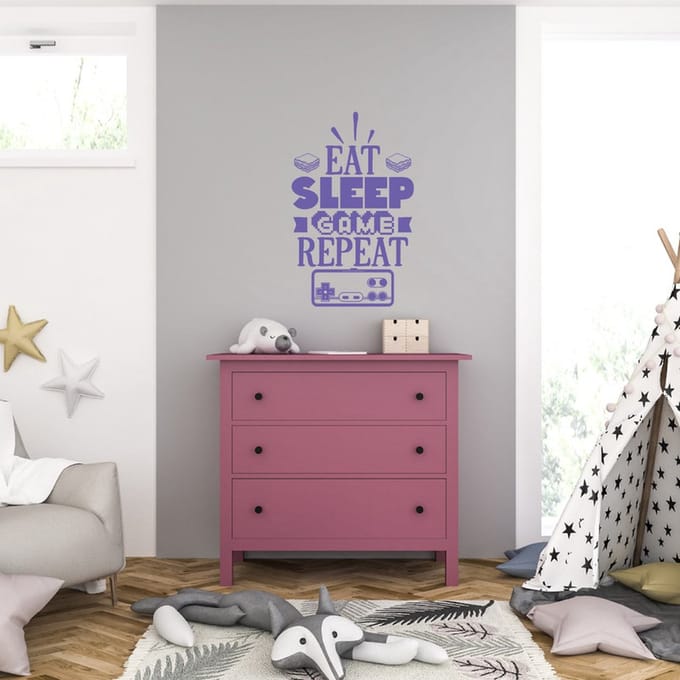 Muursticker - Eat Sleep Game Repeat - 46,4 x 73,6 - Paars